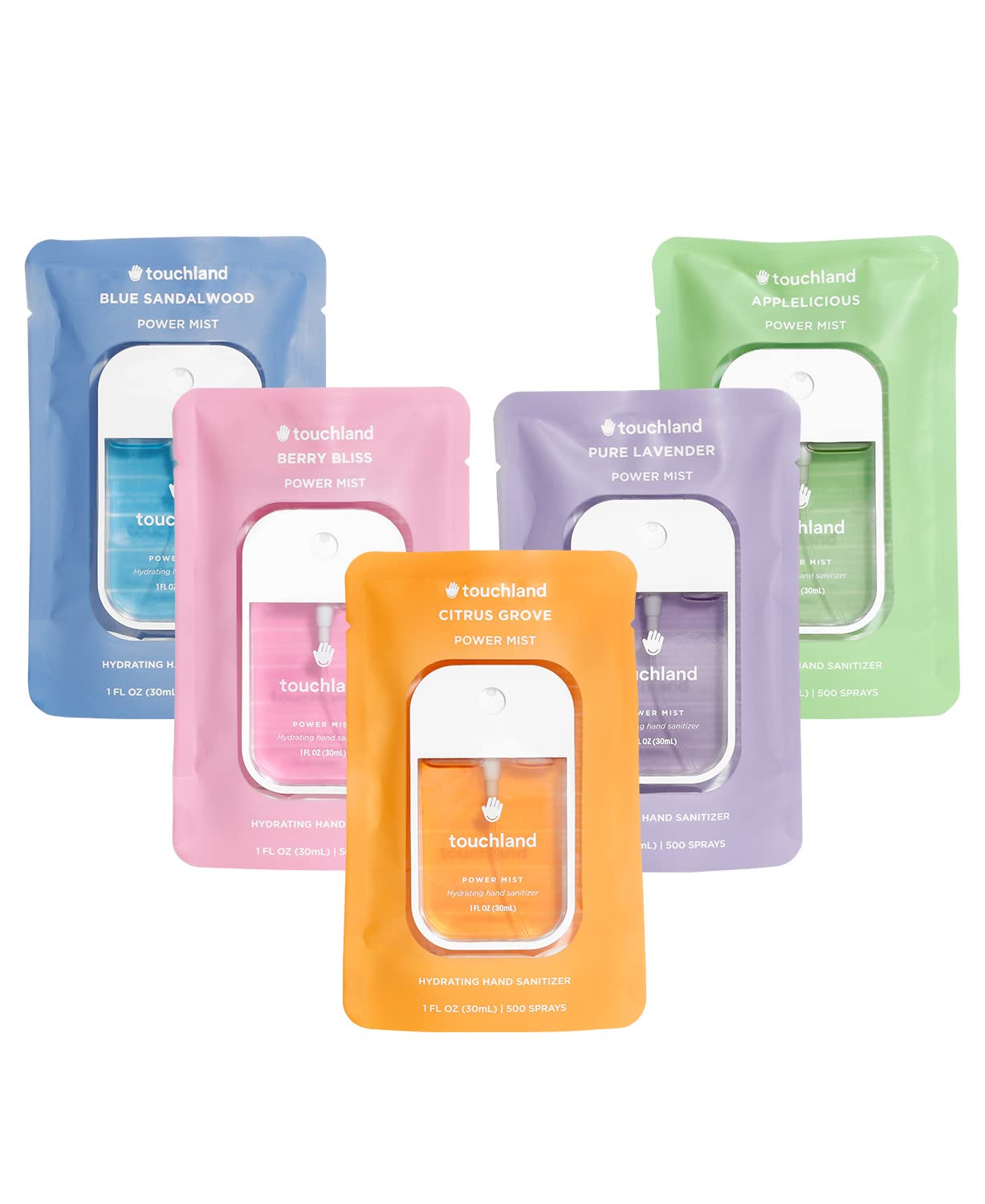 Touchland Power Mist Hydrating Hand Sanitizer Spray, TOP 5 Set (Applelicious, Sandalwood, Lavender, Berry, Citrus), 1 FL. OZ. Travel Size (Set of 5) Top Five Set