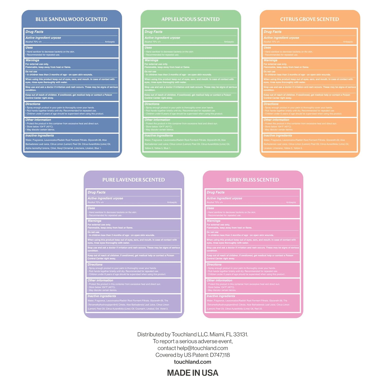 Touchland Hydrating Hand Sanitizer Spray, TOP 5 Set (Applelicious, Sandalwood, Lavender, Berry, Citrus), 1 FL. OZ. Travel Size Power Mist Sprays (Set of 5) Top Five Set