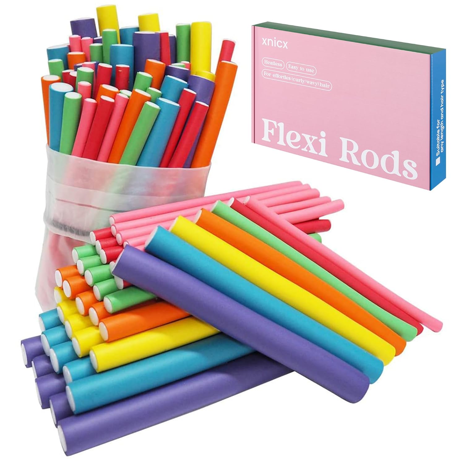 47 pcs 7'' Hair Curlers Rollers Flexi Rods Flexible Curling Rods Set No Heat Heatless Bendy Foam Hair Curls for Long,Medium,Short Hair to Sleep in Pink