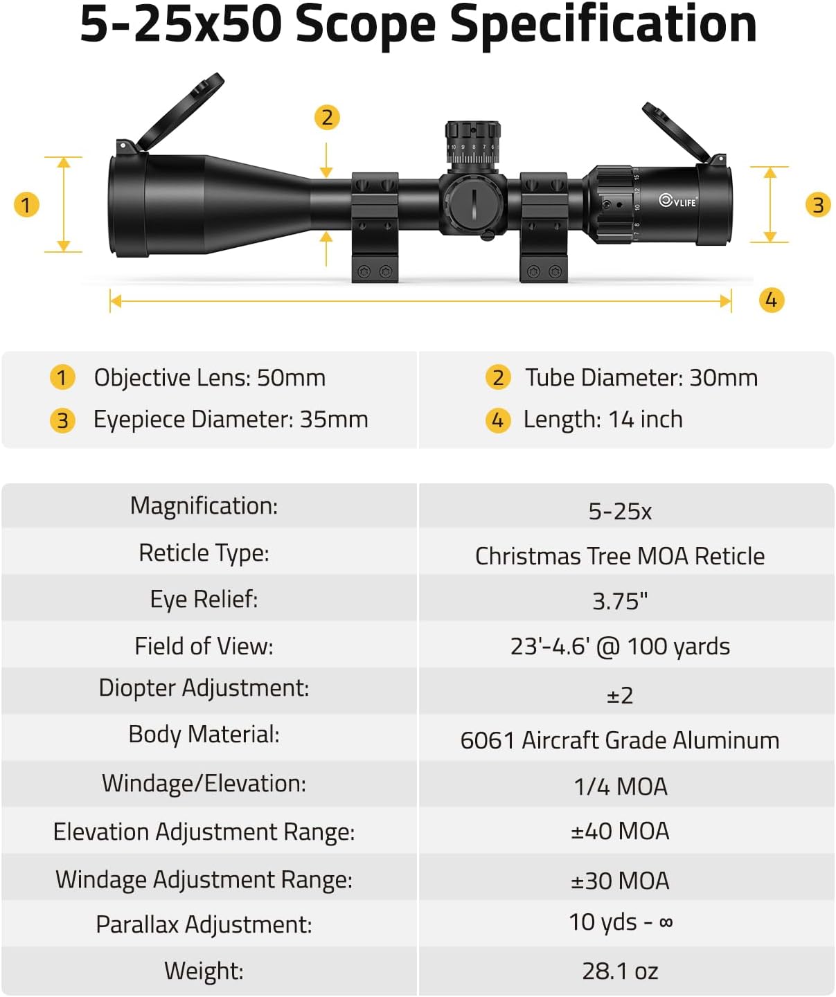 CVLIFE BearPower 5-25x50 FFP Rifle Scope - First Focal Plane Scope with MOA Illuminated Reticle, Zero Stop, Parallax Adjustment, Scope Rings - Long Range Hunting Scope 30mm Tube