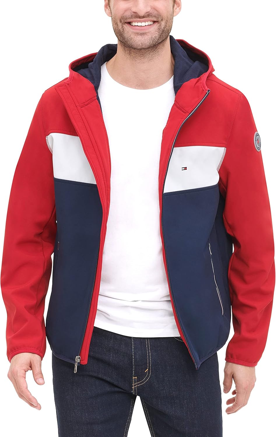 Tommy Hilfiger Men's Hooded Performance Soft Shell Jacket Medium Red/White/Navy