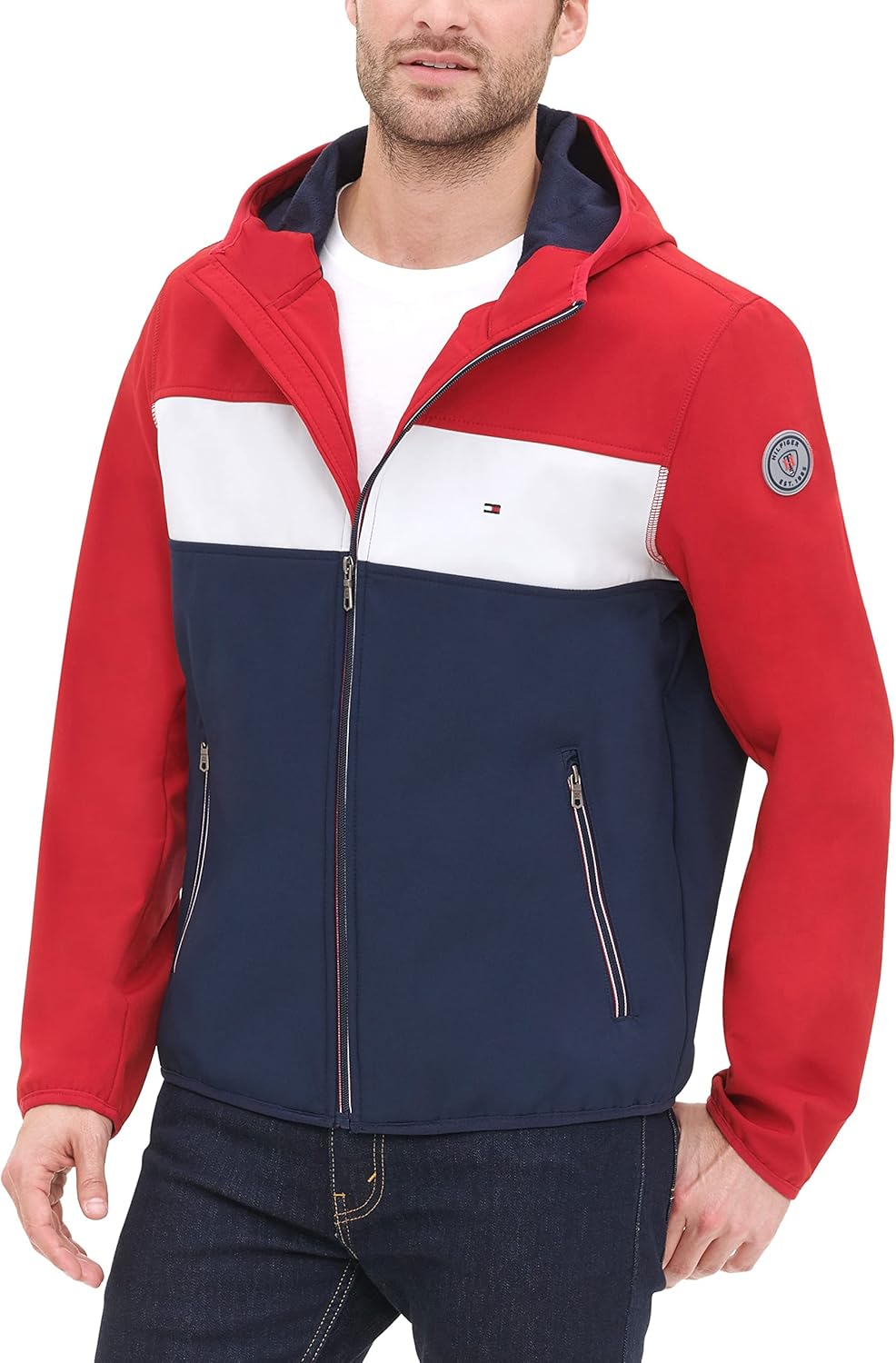 Tommy Hilfiger Men's Hooded Performance Soft Shell Jacket Medium Red/White/Navy