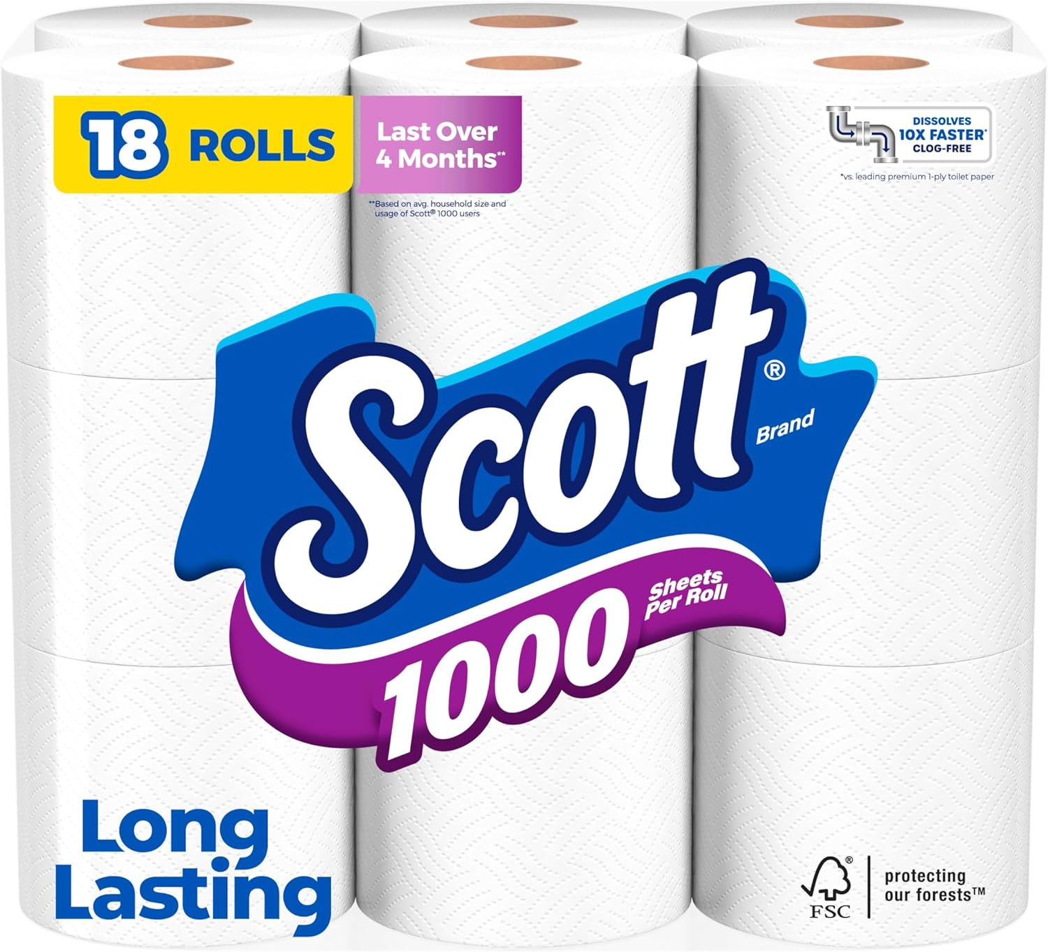 Scott 1000 Toilet Paper, 18 Rolls, Septic-Safe, 1-Ply Toilet Tissue Regular 1000 Sheets (Pack of 18)