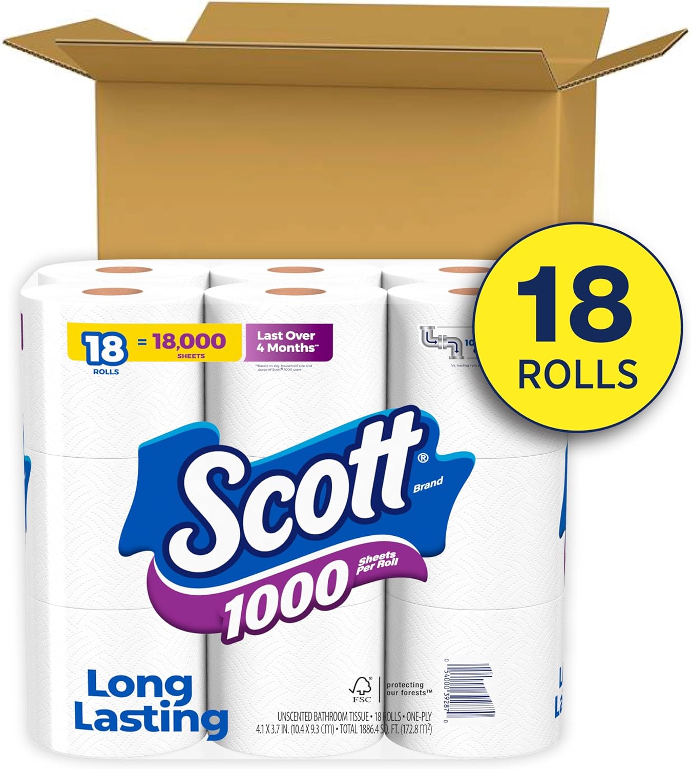 Scott 1000 Toilet Paper, 18 Rolls, Septic-Safe, 1-Ply Toilet Tissue Regular 1000 Sheets (Pack of 18)