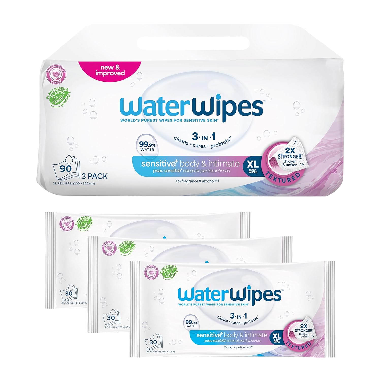 WaterWipes Sensitive+ Body & Intimate Wipes, 3-In-1 Cleans, Cares, Protects, 99.9% Water, Unscented & Hypoallergenic Hygiene Wet Wipes, Adult Care, 90 Wipes (3 Packs) 30 Count (Pack of 3)