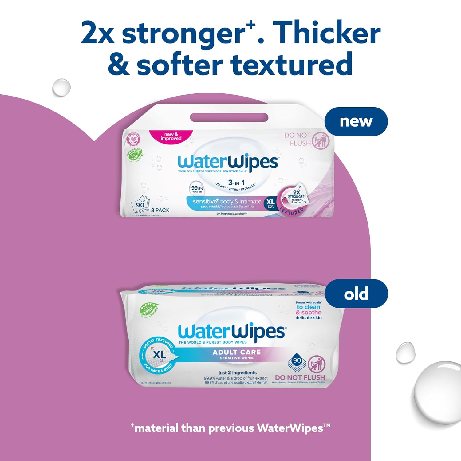 WaterWipes Sensitive+ Body & Intimate Wipes, 3-In-1 Cleans, Cares, Protects, 99.9% Water, Unscented & Hypoallergenic Hygiene Wet Wipes, Adult Care, 90 Wipes (3 Packs) 30 Count (Pack of 3)