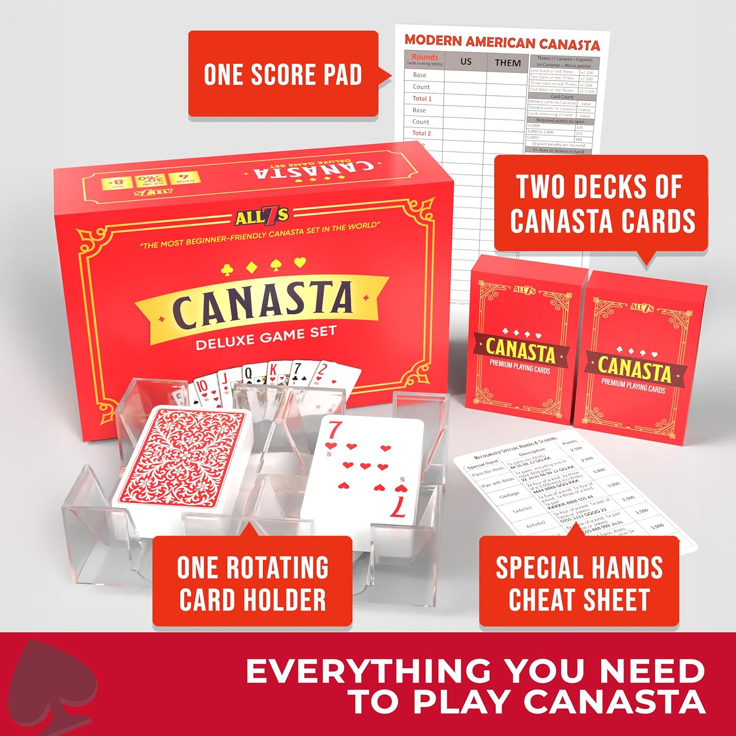 Deluxe Canasta Game Set for Adults & Seniors, Jumbo Index Large Print Cards, Rotating Tray, Scorepad, Classic Playing Card Game, Gift for Families & Grandma Deluxe Game Set Edition