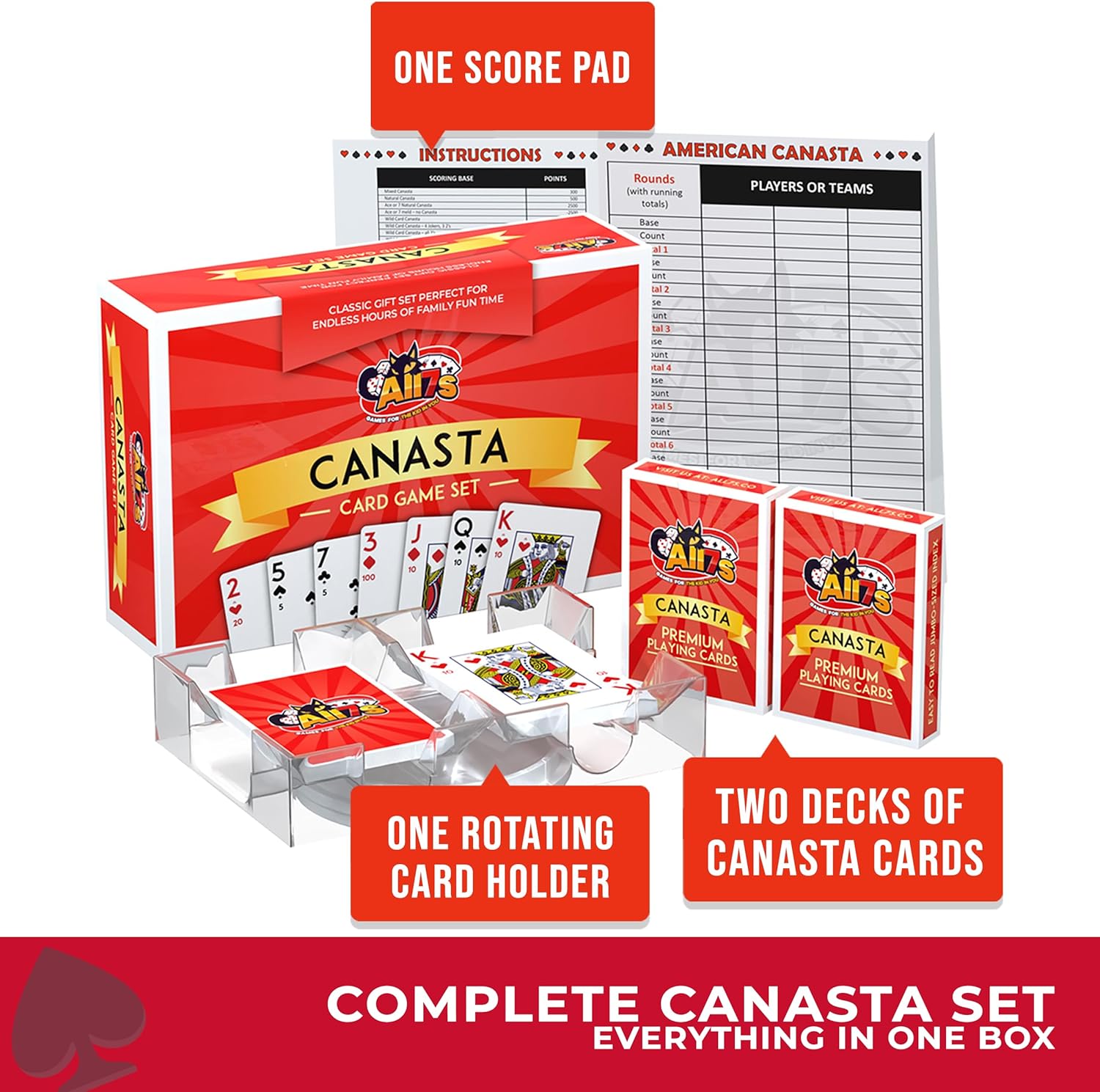 Deluxe Canasta Game Set - Classic Card Game for Adults & Seniors - Large Print Cards, Rotating Tray & Scorepad - Gift for Families & Grandma Deluxe Game Set Edition