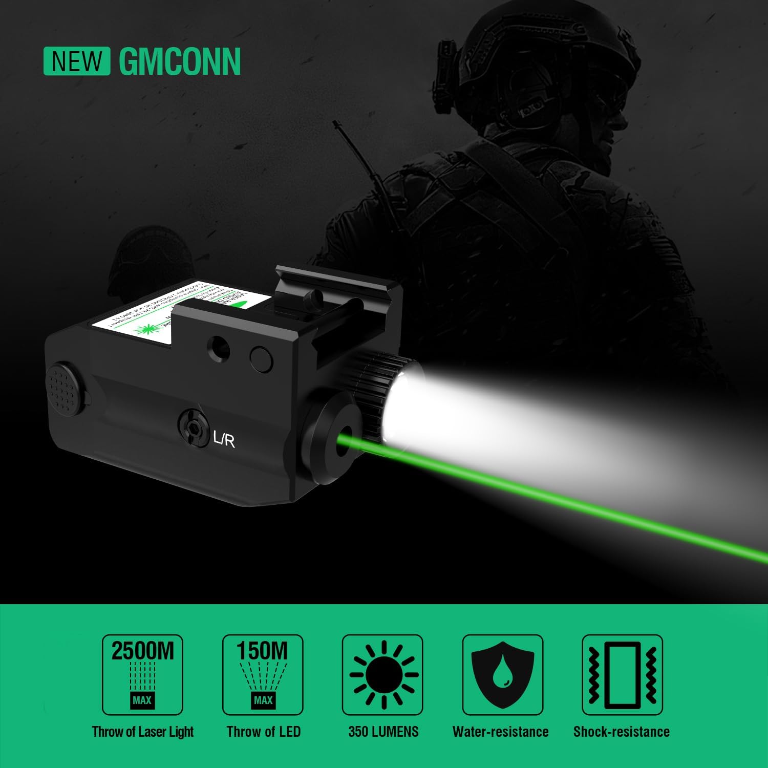 Gmconn Pistol Green Red Laser Light Combot, 350 lm Gun Flashlight with Strobe Mode Green Red Laser for Handgun,Compact Rail Mount Tactical Flashlight, USB Rechargeable Weapon for Pistols (Green Laser)