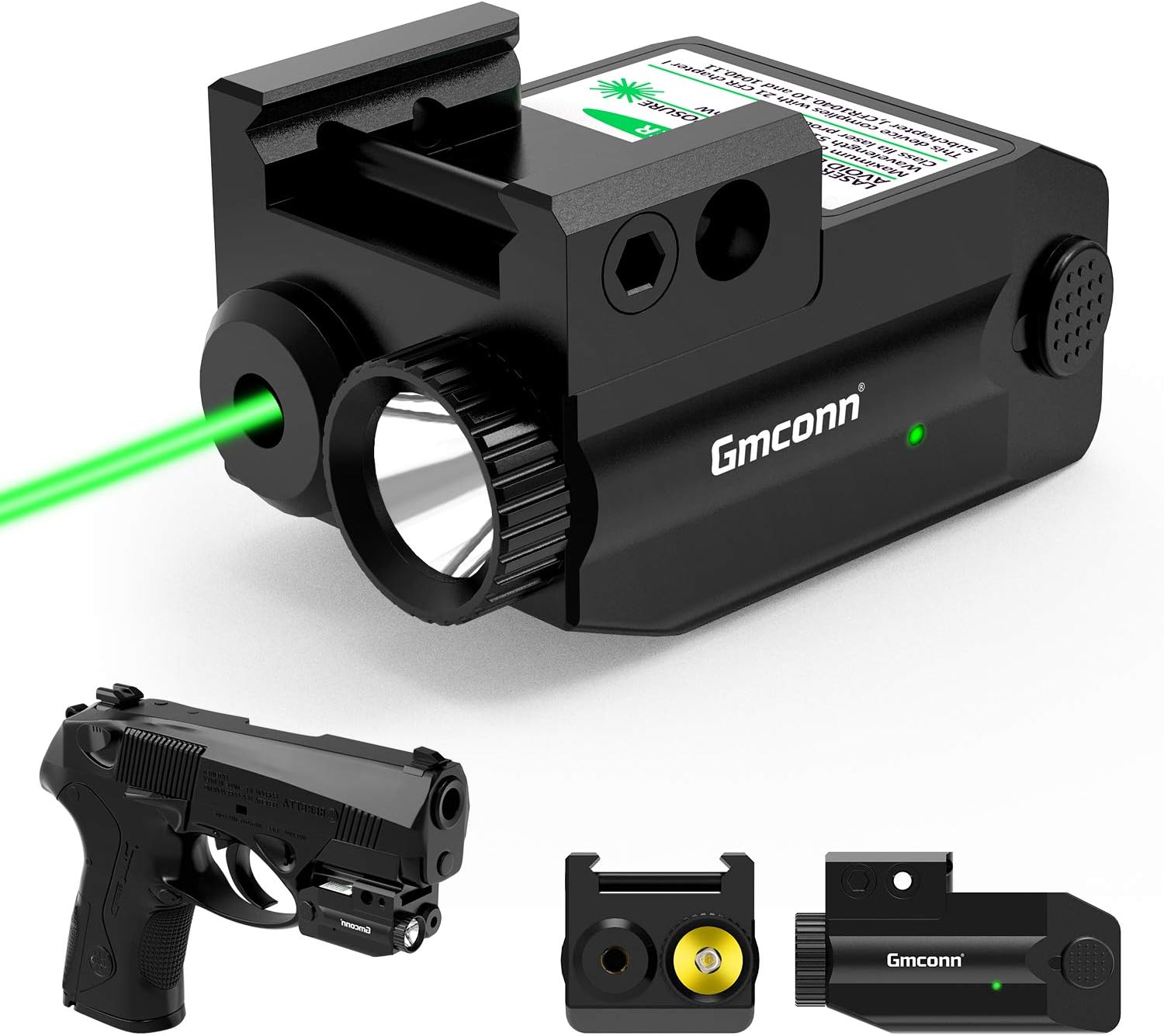 Gmconn Pistol Green Red Laser Light Combot, 350 lm Gun Flashlight with Strobe Mode Green Red Laser for Handgun,Compact Rail Mount Tactical Flashlight, USB Rechargeable Weapon for Pistols (Green Laser)