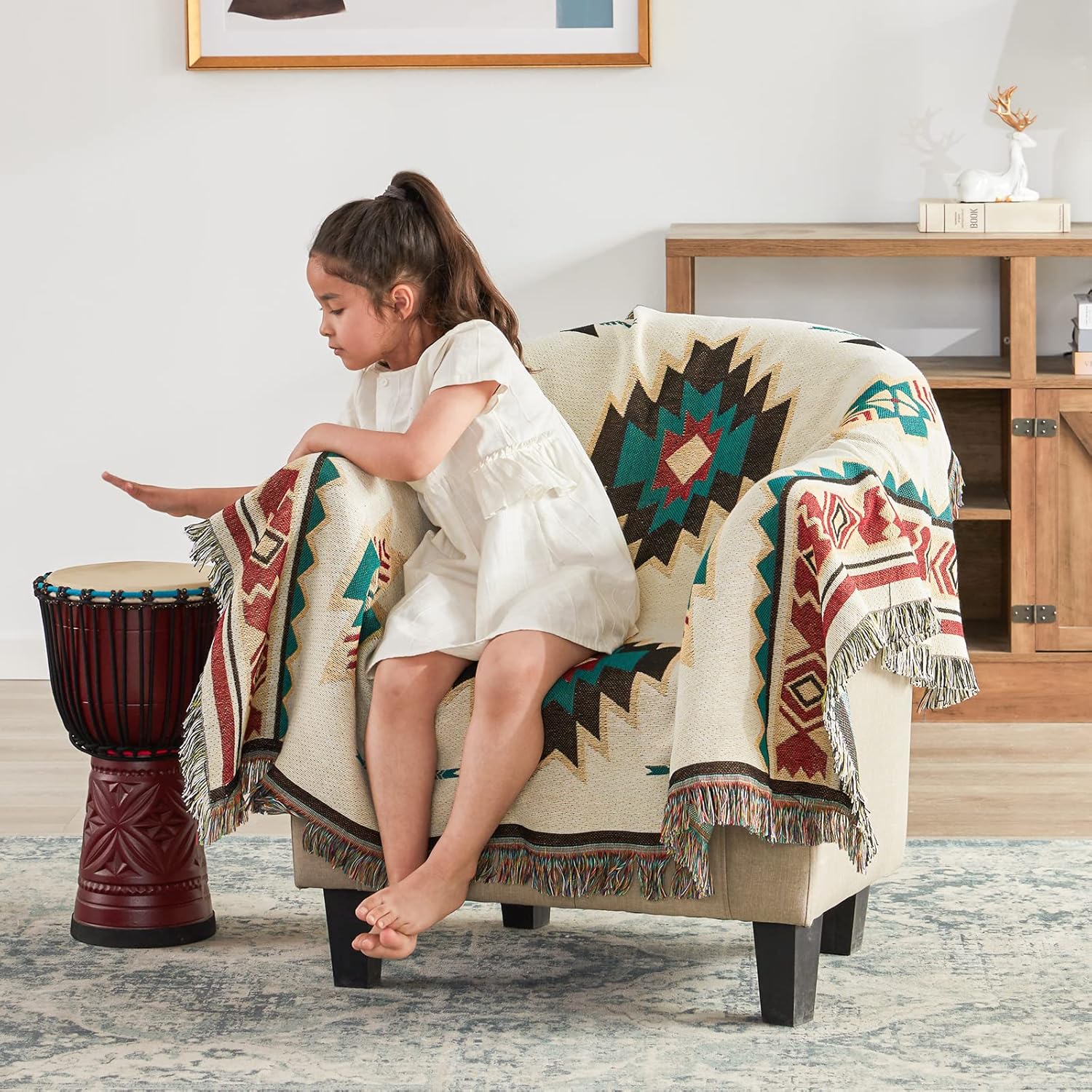 Touchat Native American Blanket Western Decor Boho Throw Blanket for Sofa, Mexican Decorative Farmhouse Blanket, Southwest Decor Woven Blankets, Aztec Throw Blankets with Tassel(Beige,50×60 inch) Beige 50''x60''