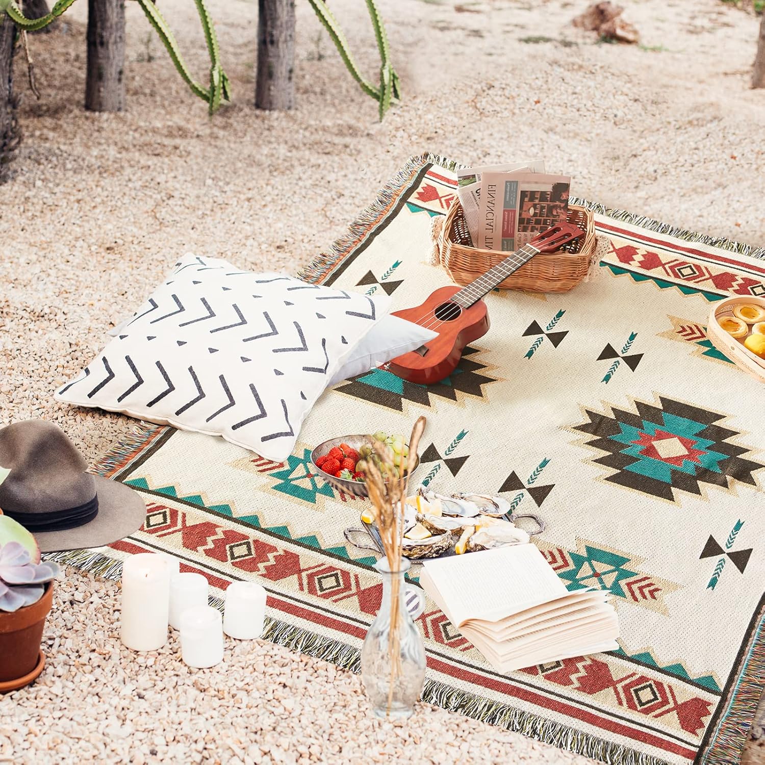Touchat Native American Blanket Western Decor Boho Throw Blanket for Sofa, Mexican Decorative Farmhouse Blanket, Southwest Decor Woven Blankets, Aztec Throw Blankets with Tassel(Beige,50×60 inch) Beige 50''x60''