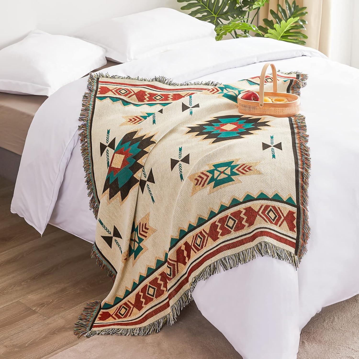 Touchat Native American Blanket Western Decor Boho Throw Blanket for Sofa, Mexican Decorative Farmhouse Blanket, Southwest Decor Woven Blankets, Aztec Throw Blankets with Tassel(Beige,50×60 inch) Beige 50''x60''