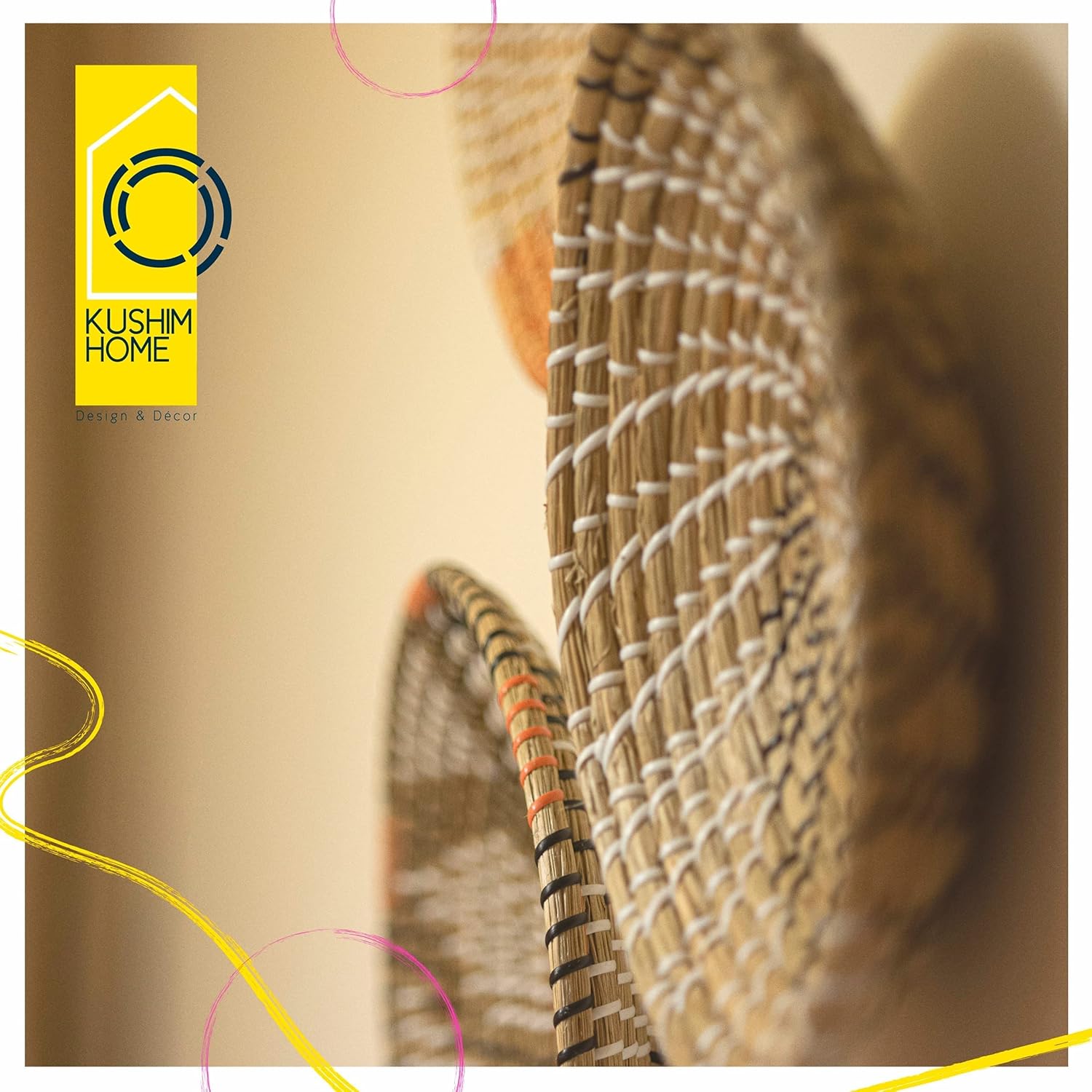 KushimHome Hanging Wall Basket Set - Large Boho Wicker Basket Decor - Bamboo Woven Seagrass Wall Decor - African Flat