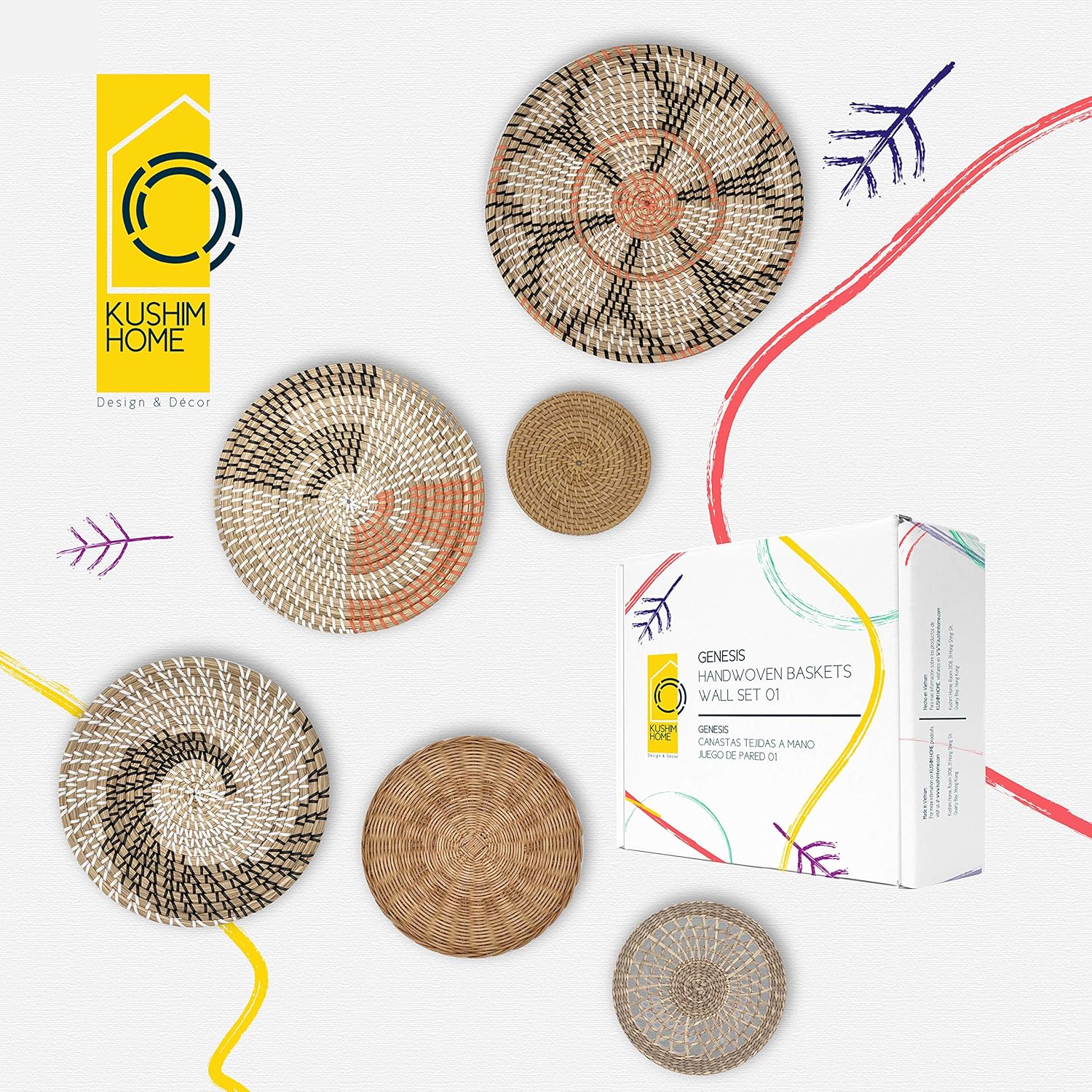 KushimHome Hanging Wall Basket Set - Large Boho Wicker Basket Decor - Bamboo Woven Seagrass Wall Decor - African Flat