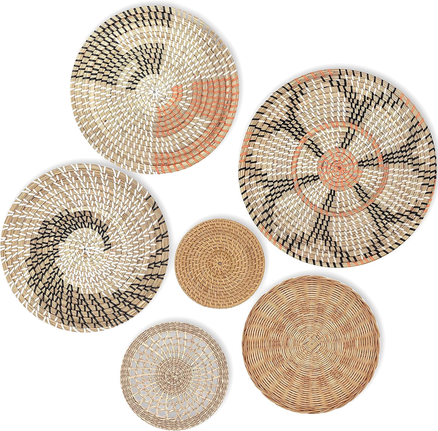 KushimHome Hanging Wall Basket Set - Large Boho Wicker Basket Decor - Bamboo Woven Seagrass Wall Decor - African Flat