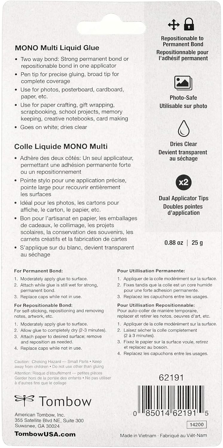 Tombow 62191 MONO Multi Liquid Glue, 0.88 Ounce, 1-Pack. Multi-Purpose Glue with Dual Tip Dispenser for Precise to Full Coverage Application