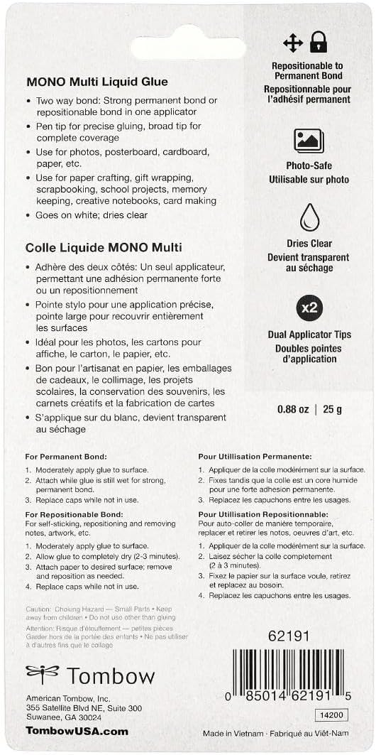 Tombow 62191 MONO Multi Liquid Glue, 0.88 Ounce, 1-Pack. Multi-Purpose Glue with Dual Tip Dispenser for Precise to Full Coverage Application