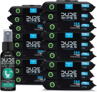 DUDE Wipes - Flushable Wipes with DUDE Bombs Toilet Spray - 18 Pack, 864 Wipes + 1 Spray Bottle - Unscented Extra-Large Adult Wet Wipes with Vitamin-E & Aloe - Forest Fresh Stank Eliminator Fragrance Free 48 Count (Pack of 18)