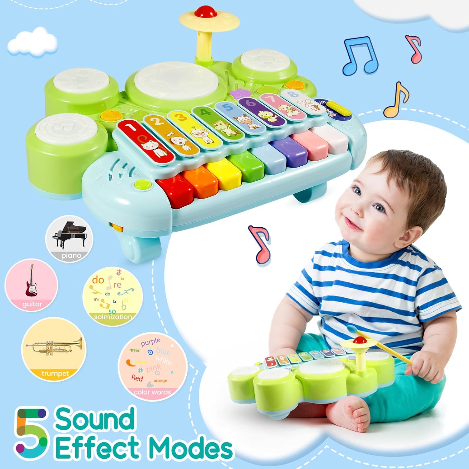 Kids Drum Set for Toddlers: Ohuhu 5 in 1 Baby Musical Instruments Musical Toys Children Drum kit Xylophone Microphone Piano Early Educational Learning Toy for Ages 18+ Months Girls Boys Birthday Gift