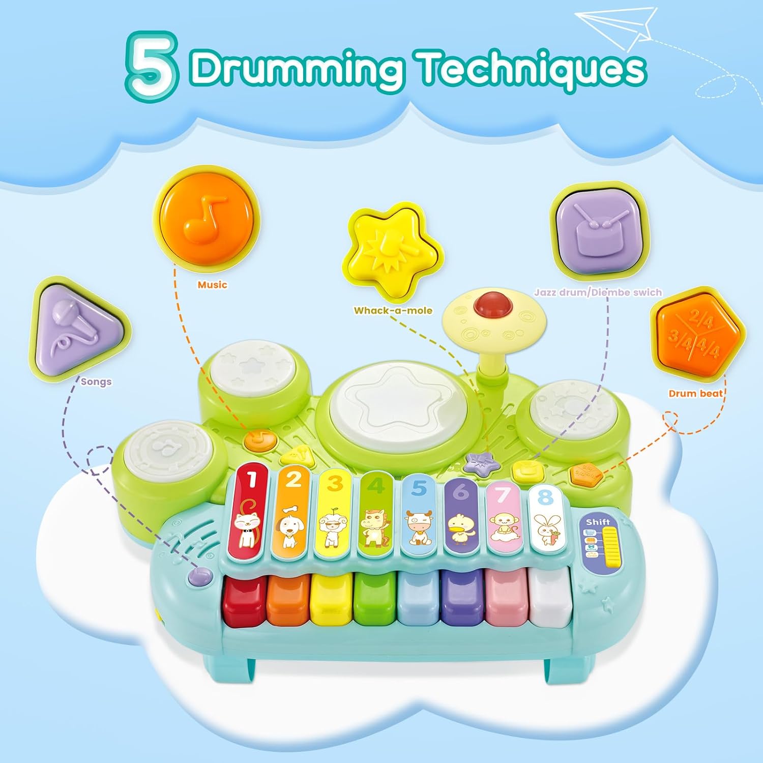Kids Drum Set for Toddlers: Ohuhu 5 in 1 Baby Musical Instruments Musical Toys Children Drum kit Xylophone Microphone Piano Early Educational Learning Toy for Ages 18+ Months Girls Boys