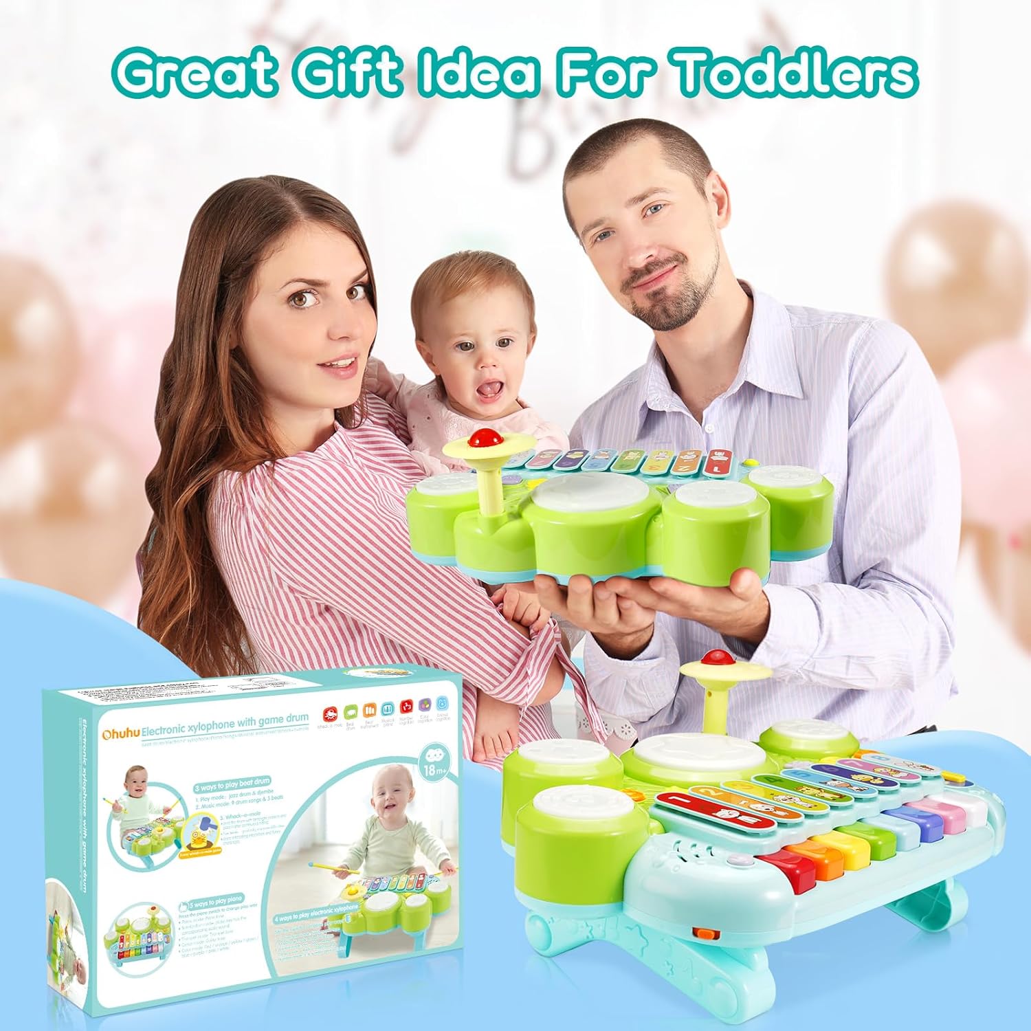 Kids Drum Set for Toddlers: Ohuhu 5 in 1 Baby Musical Instruments Musical Toys Children Drum kit Xylophone Microphone Piano Early Educational Learning Toy for Ages 18+ Months Girls Boys