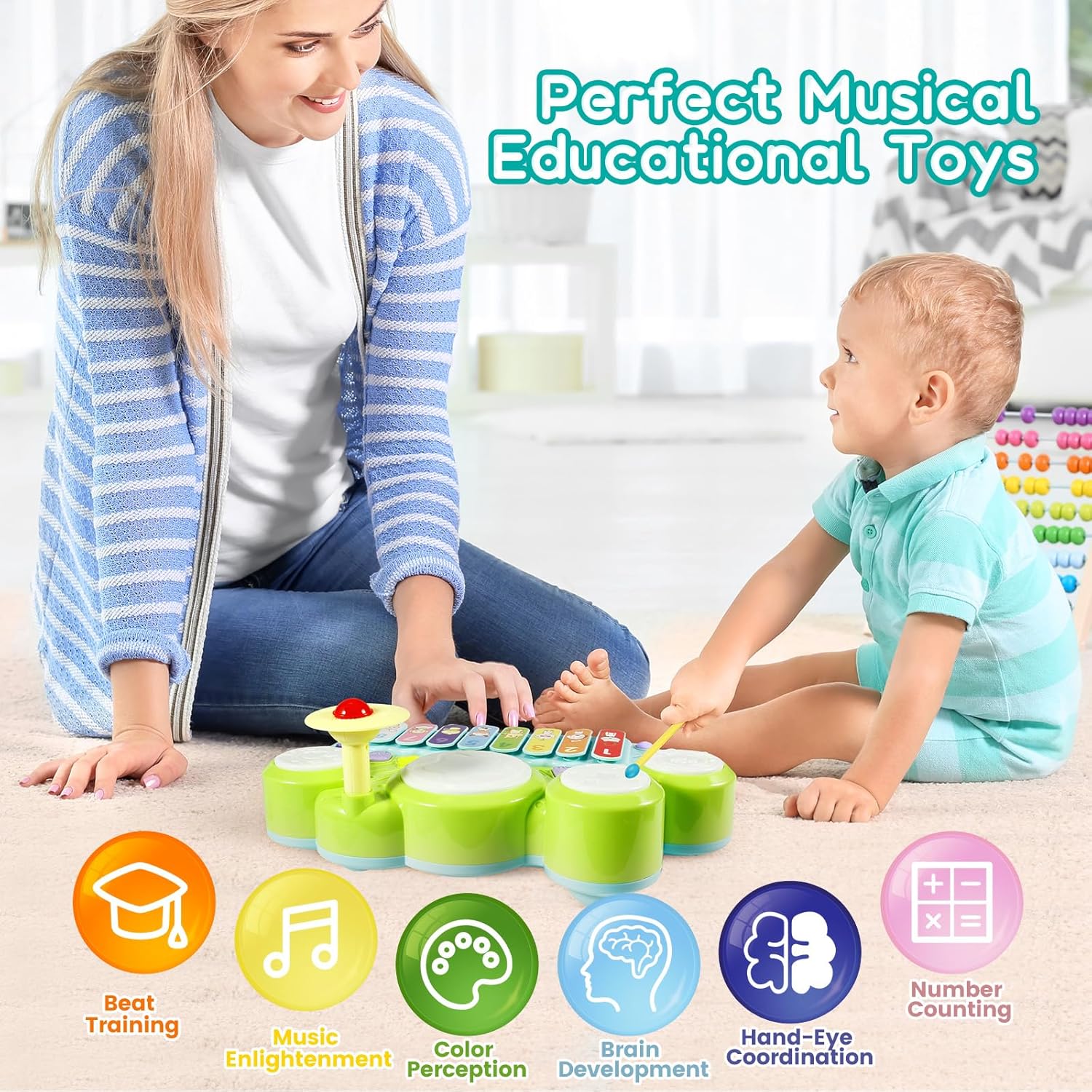 Kids Drum Set for Toddlers: Ohuhu 5 in 1 Baby Musical Instruments Musical Toys Children Drum kit Xylophone Microphone Piano Early Educational Learning Toy for Ages 18+ Months Girls Boys