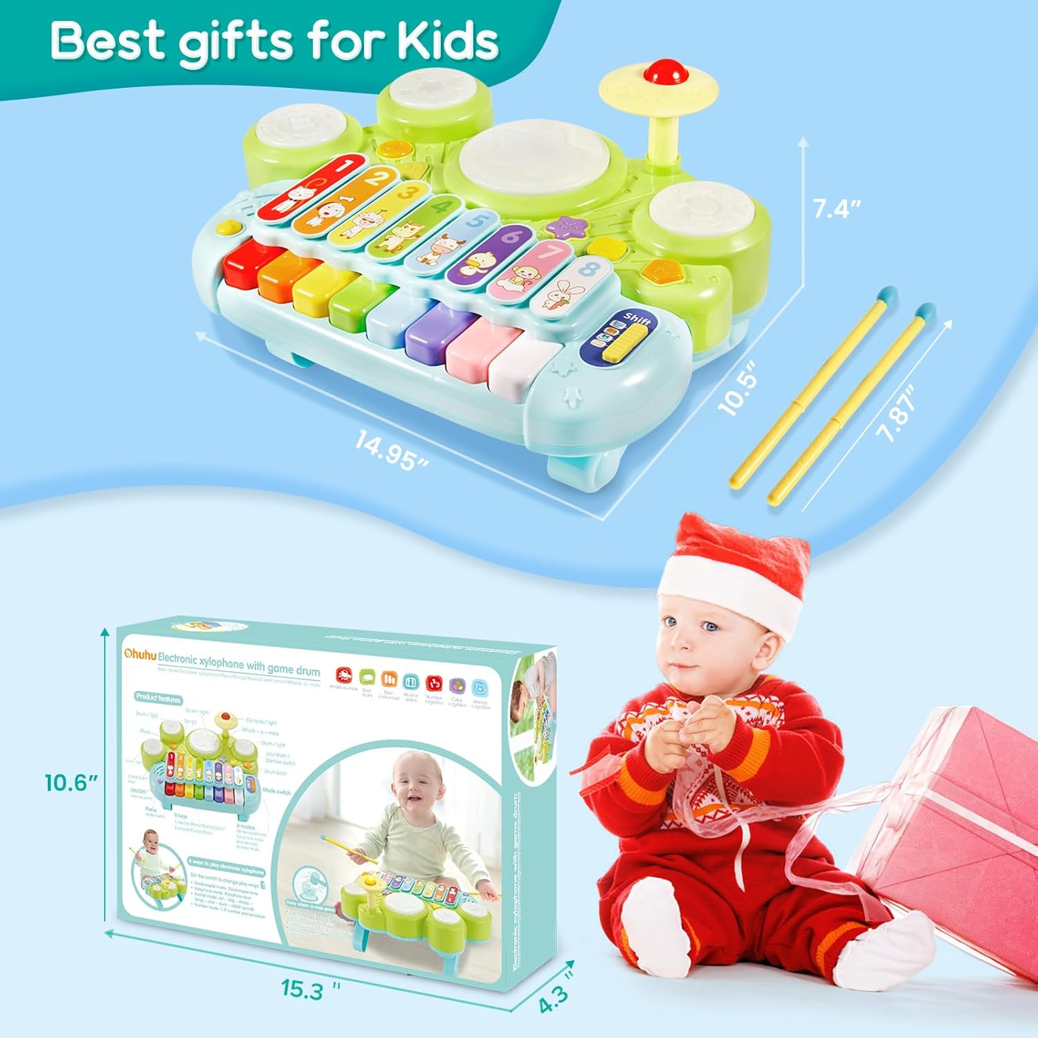 Kids Drum Set for Toddlers: Ohuhu 5 in 1 Baby Musical Instruments Musical Toys Children Drum kit Xylophone Microphone Piano Early Educational Learning Toy for Ages 18+ Months Girls Boys