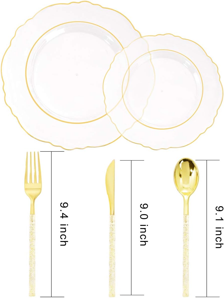 Liacere 150PCS Clear Gold Plastic Plates & Disposable Gold Plastic Silverware with Glitter Bamboo Handle Cutlery-Baroque Clear Gold Disposable Plates for Wedding & Party & Thanksgiving