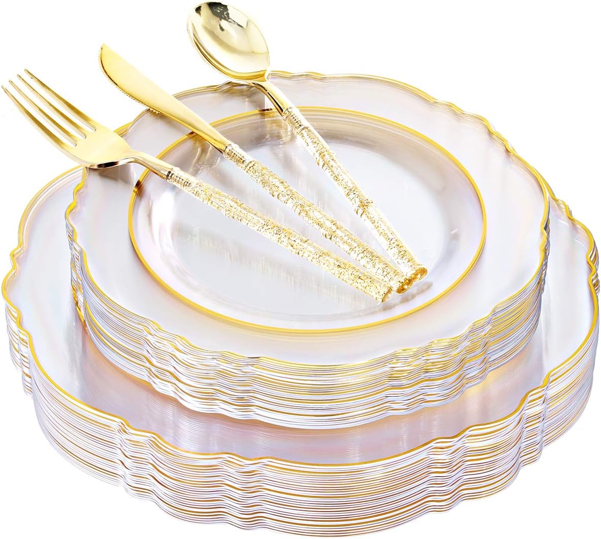 Liacere 150PCS Clear Gold Plastic Plates & Disposable Gold Plastic Silverware with Glitter Bamboo Handle Cutlery-Baroque Clear Gold Disposable Plates for Wedding & Party & Thanksgiving