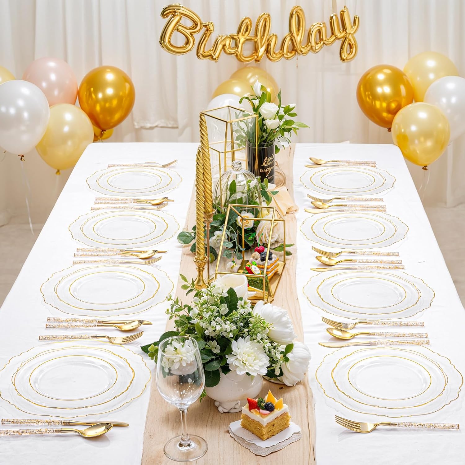 Liacere 150PCS Clear Gold Plastic Plates - Disposable Plastic Silverware with Glitter Bamboo Handle Cutlery-Baroque Clear Gold Disposable Plates for Wedding & Party & Easter Day & Mother's Day