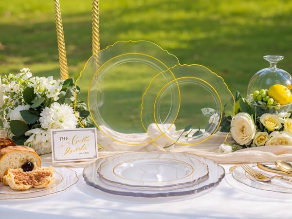 Liacere 150PCS Clear Gold Plastic Plates - Disposable Plastic Silverware with Glitter Bamboo Handle Cutlery-Baroque Clear Gold Disposable Plates for Wedding & Party & Easter Day & Mother's Day