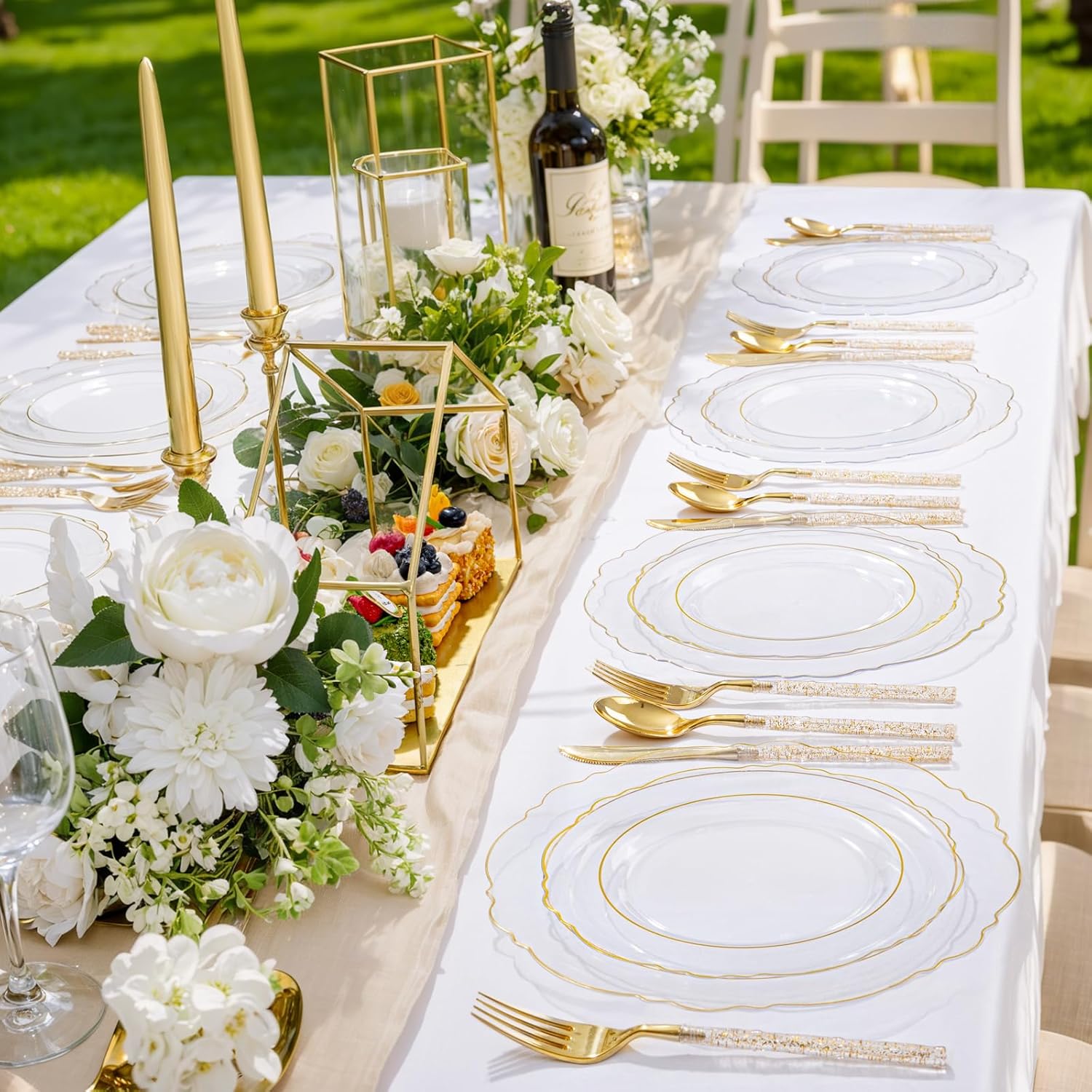 Liacere 150PCS Clear Gold Plastic Plates - Disposable Plastic Silverware with Glitter Bamboo Handle Cutlery-Baroque Clear Gold Disposable Plates for Wedding & Party & Easter Day & Mother's Day