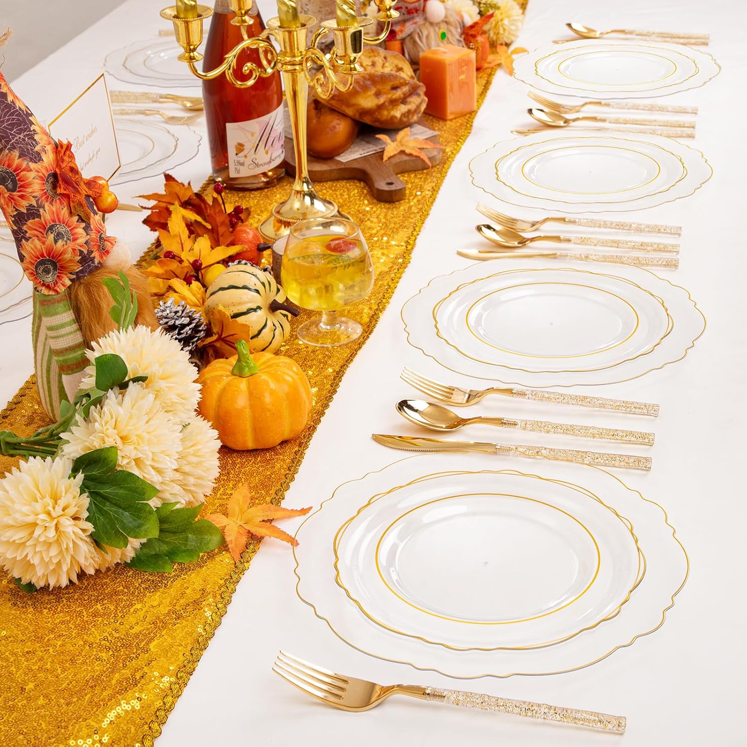 Liacere 150PCS Clear Gold Plastic Plates - Disposable Plastic Silverware with Glitter Bamboo Handle Cutlery-Baroque Clear Gold Disposable Plates for Wedding & Party & Thanksgiving &Fall Decor Gold Floral