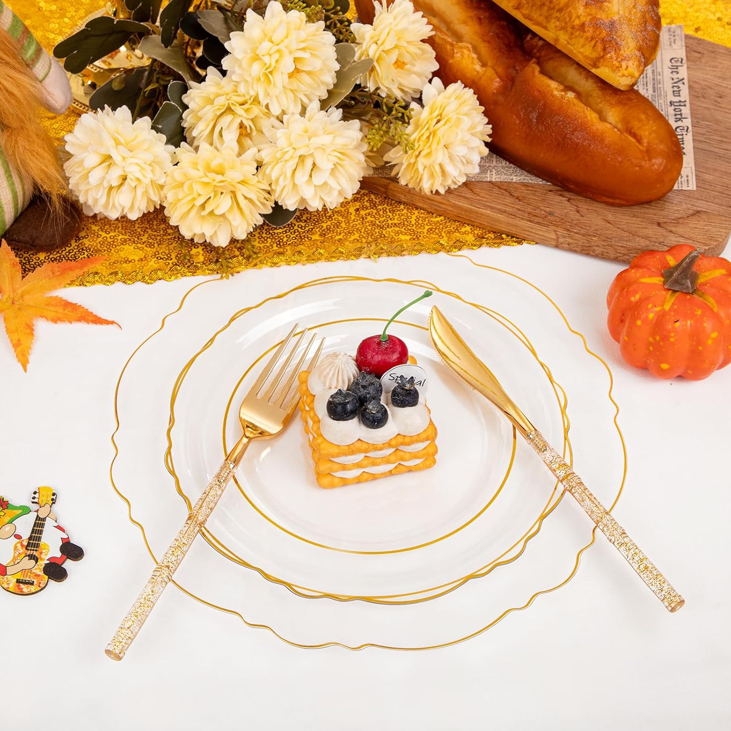 Liacere 150PCS Clear Gold Plastic Plates - Disposable Plastic Silverware with Glitter Bamboo Handle Cutlery-Baroque Clear Gold Disposable Plates for Wedding & Party & Thanksgiving &Fall Decor Gold Floral