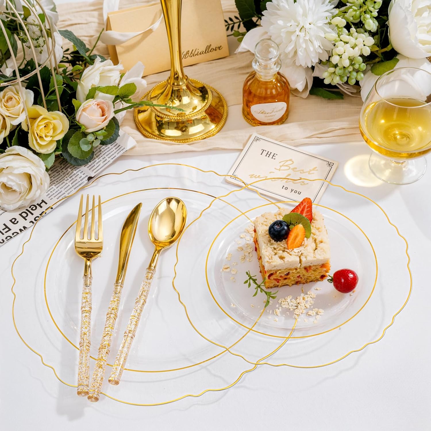 Liacere 150PCS Clear Gold Plastic Plates - Disposable Plastic Silverware with Glitter Bamboo Handle Cutlery-Baroque Clear Gold Disposable Plates for Wedding & Party & Easter Day & Mother's Day