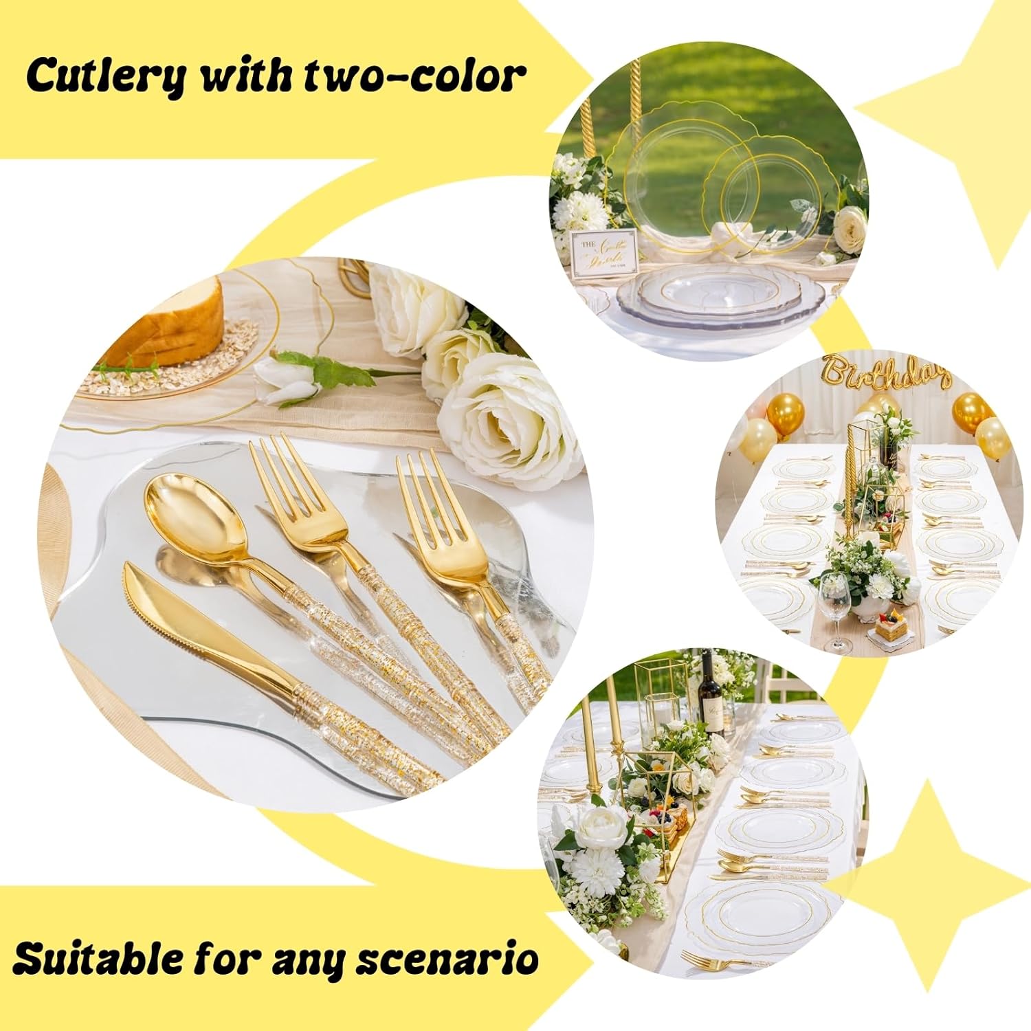 Liacere 150PCS Clear Gold Plastic Plates - Disposable Plastic Silverware with Glitter Bamboo Handle Cutlery-Baroque Clear Gold Disposable Plates for Wedding & Party & Easter Day & Mother's Day