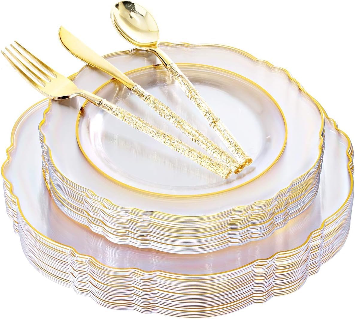 Liacere 150PCS Clear Gold Plastic Plates - Disposable Plastic Silverware with Glitter Bamboo Handle Cutlery-Baroque Clear Gold Disposable Plates for Wedding & Party & Easter Day & Mother's Day