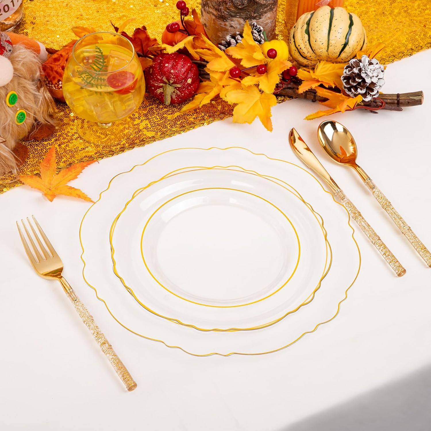 Liacere 150PCS Clear Gold Plastic Plates - Disposable Plastic Silverware with Glitter Bamboo Handle Cutlery-Baroque Clear Gold Disposable Plates for Wedding & Party & Thanksgiving &Fall Decor Gold Floral