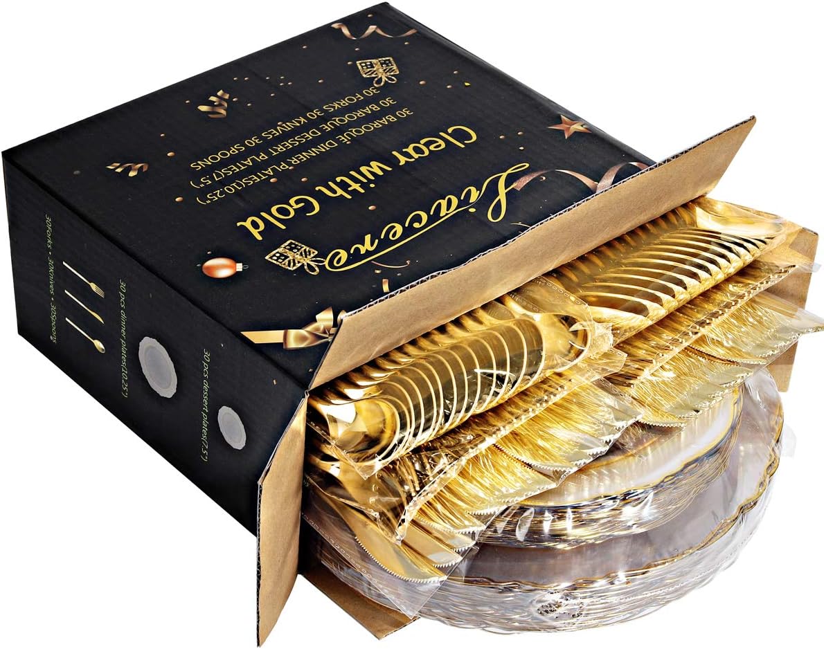Liacere 150PCS Clear Gold Plastic Plates - Disposable Plastic Silverware with Glitter Bamboo Handle Cutlery-Baroque Clear Gold Disposable Plates for Wedding & Party & Easter Day & Mother's Day