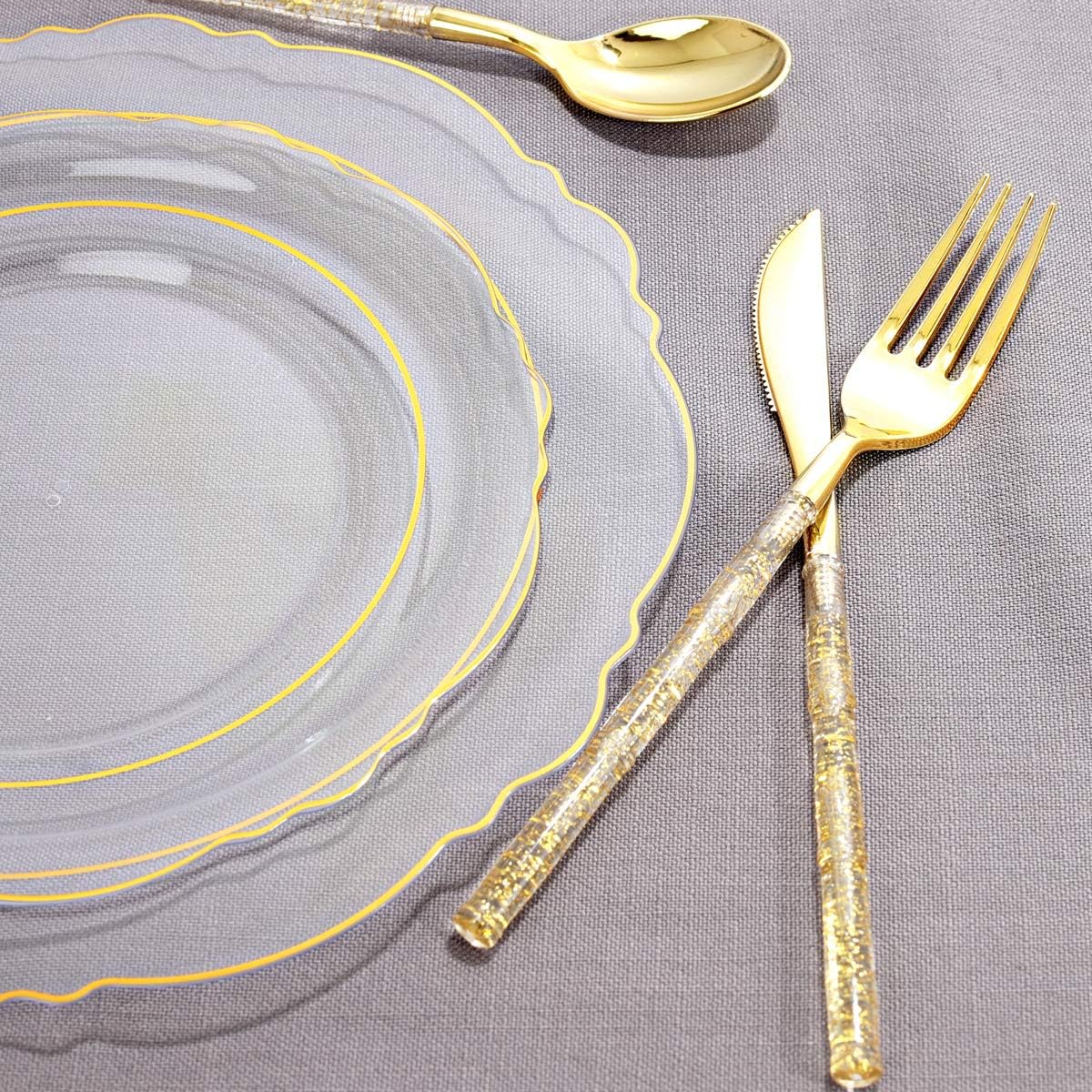 Liacere 150PCS Clear Gold Plastic Plates & Disposable Gold Plastic Silverware with Glitter Bamboo Handle Cutlery-Baroque Clear Gold Disposable Plates for Wedding & Party & Thanksgiving