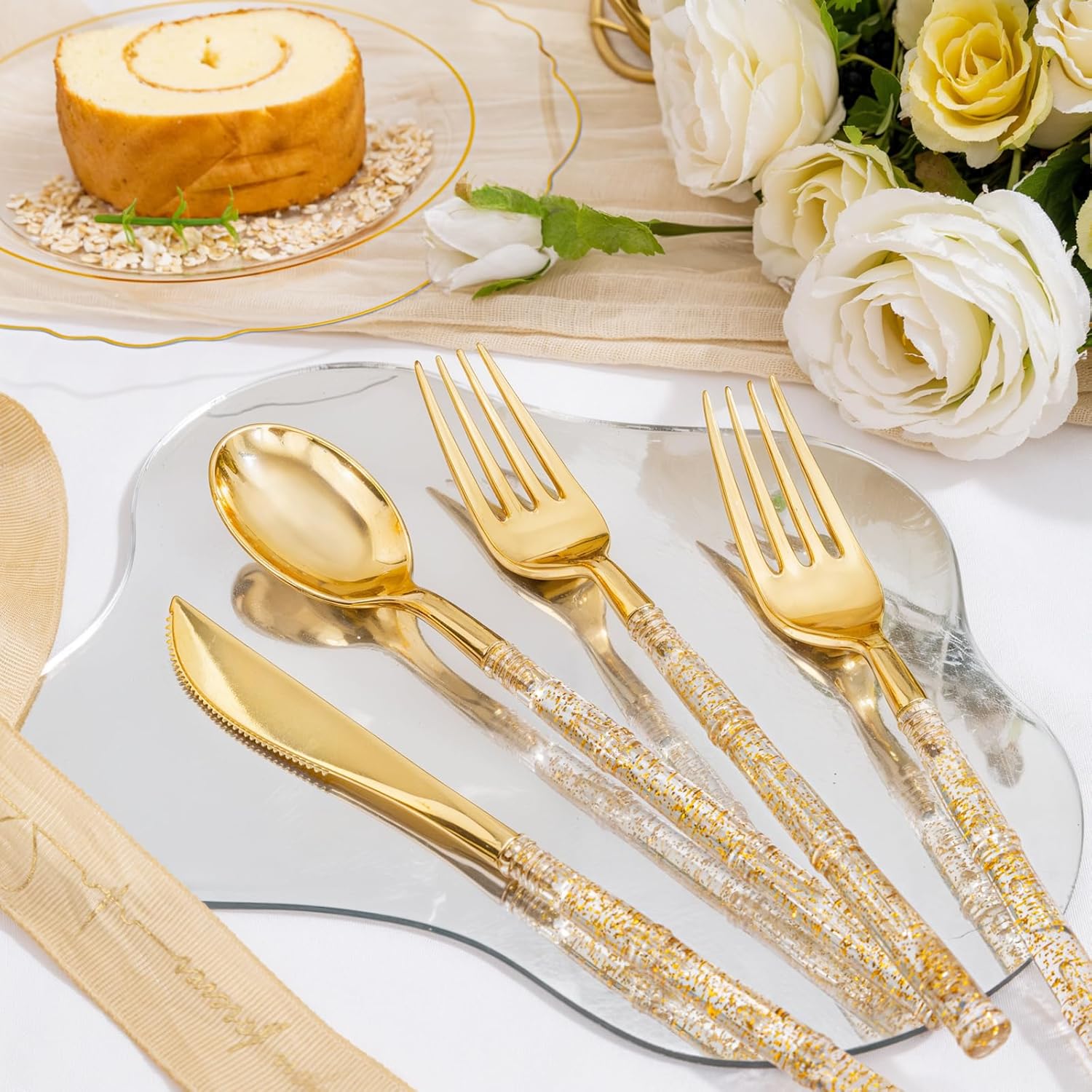 Liacere 150PCS Clear Gold Plastic Plates & Disposable Gold Plastic Silverware with Glitter Bamboo Handle Cutlery-Baroque Clear Gold Disposable Plates for Wedding & Party & Thanksgiving