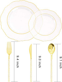 Liacere 150PCS Clear Gold Plastic Plates & Disposable Gold Plastic Silverware with Glitter Bamboo Handle Cutlery-Baroque Clear Gold Disposable Plates for Wedding & Party & Thanksgiving