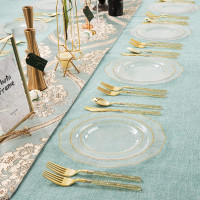 Liacere 150PCS Clear Gold Plastic Plates & Disposable Gold Plastic Silverware with Glitter Bamboo Handle Cutlery-Baroque Clear Gold Disposable Plates for Wedding & Party & Thanksgiving