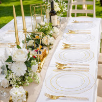 Liacere 150PCS Clear Gold Plastic Plates - Disposable Plastic Silverware with Glitter Bamboo Handle Cutlery-Baroque Clear Gold Disposable Plates for Wedding & Party & Easter Day & Mother's Day
