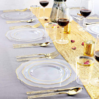 Liacere 150PCS Clear Gold Plastic Plates & Disposable Gold Plastic Silverware with Glitter Bamboo Handle Cutlery-Baroque Clear Gold Disposable Plates for Wedding & Party & Thanksgiving