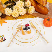 Liacere 150PCS Clear Gold Plastic Plates - Disposable Plastic Silverware with Glitter Bamboo Handle Cutlery-Baroque Clear Gold Disposable Plates for Wedding & Party & Thanksgiving &Fall Decor Gold Floral