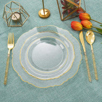 Liacere 150PCS Clear Gold Plastic Plates & Disposable Gold Plastic Silverware with Glitter Bamboo Handle Cutlery-Baroque Clear Gold Disposable Plates for Wedding & Party & Thanksgiving