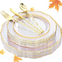 Liacere 150PCS Clear Gold Plastic Plates - Disposable Plastic Silverware with Glitter Bamboo Handle Cutlery-Baroque Clear Gold Disposable Plates for Wedding & Party & Thanksgiving &Fall Decor Gold Floral