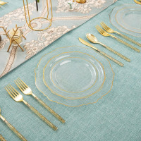 Liacere 150PCS Clear Gold Plastic Plates & Disposable Gold Plastic Silverware with Glitter Bamboo Handle Cutlery-Baroque Clear Gold Disposable Plates for Wedding & Party & Thanksgiving